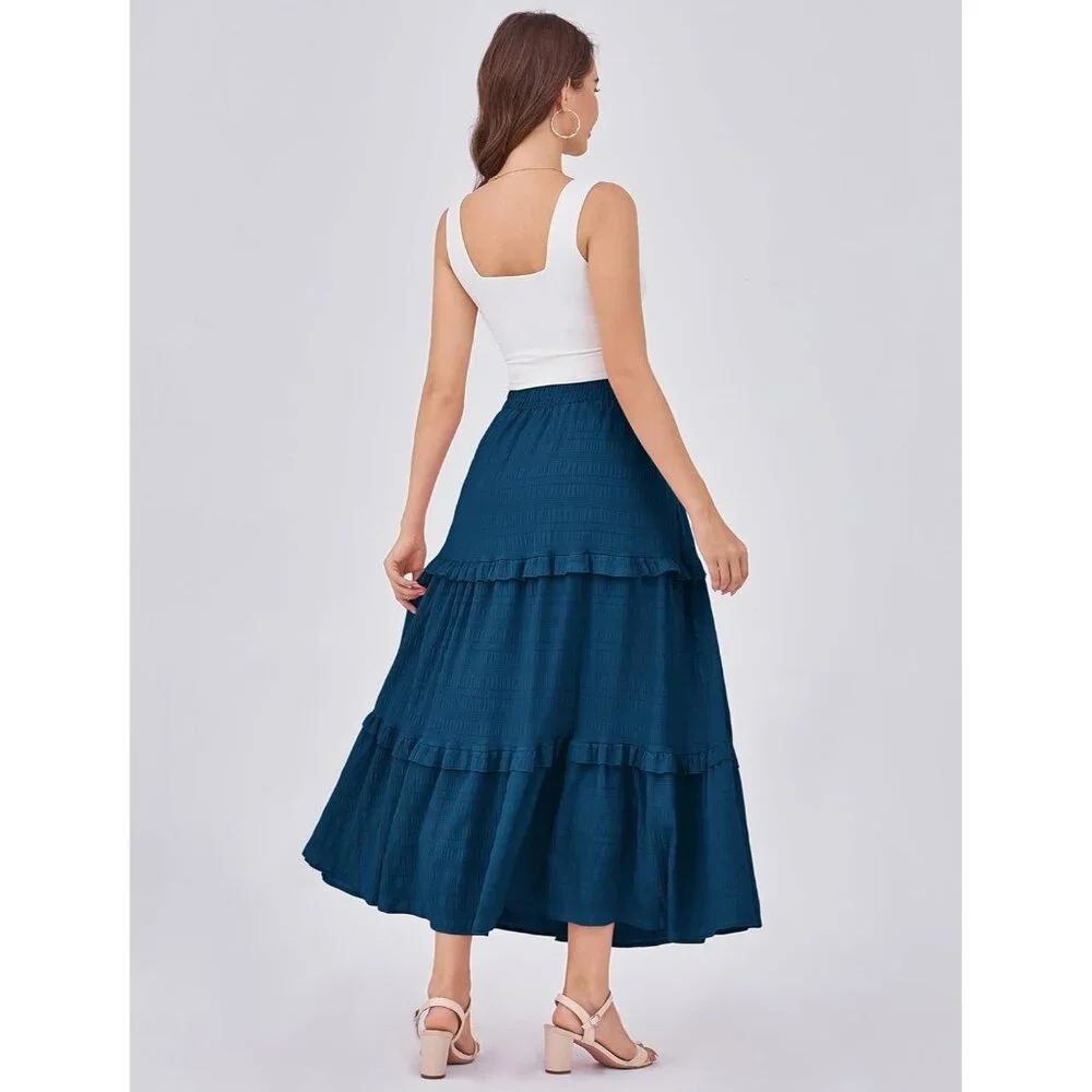 Women Sapphire Casual Elegant A Line Flowy Ruffle Tiered Long Pockets Maxi Skirt - Picture 4 of 5